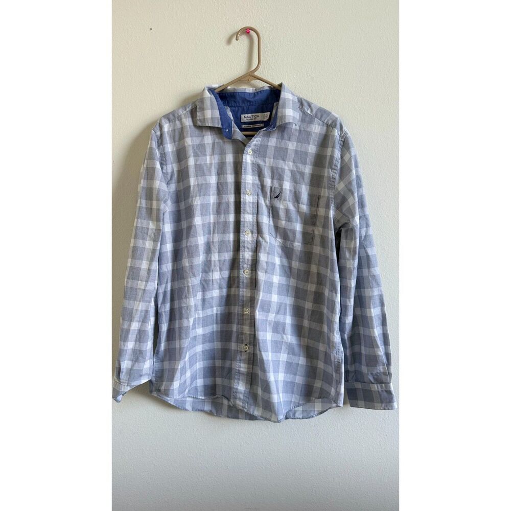 Nautica Men Large Classic Fit Plaid Button Down Shirt Blue White Long Sleeve